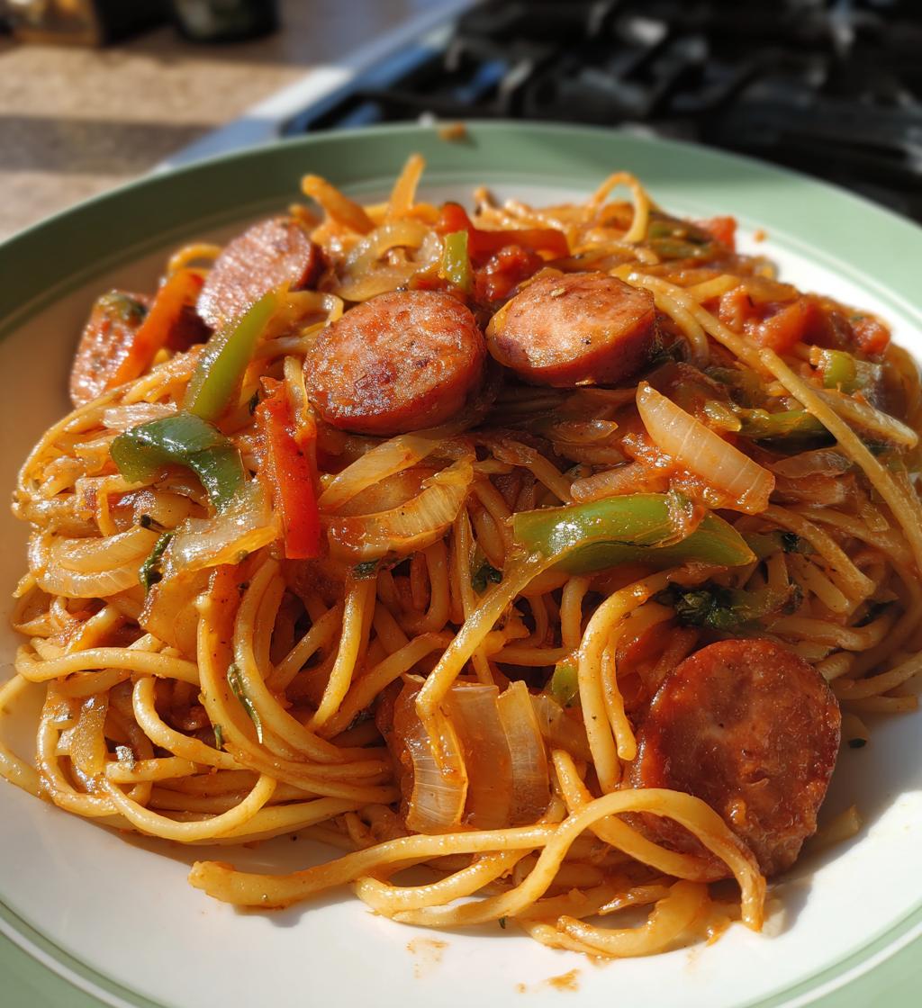 Haitian Spaghetti (Espageti) (Breakfast pasta with chicken sausage) - detail 1