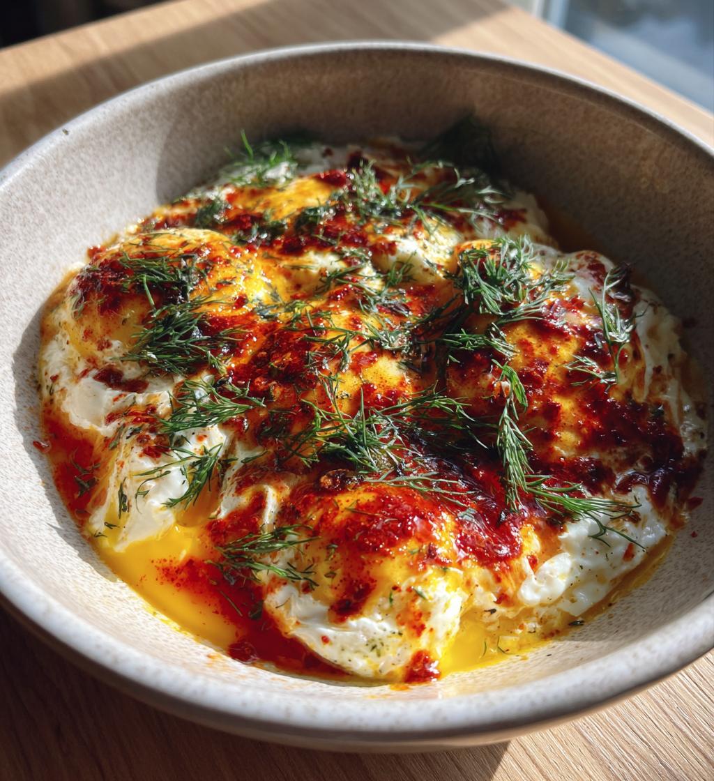 Turkish Cilbir (Poached Eggs in Garlic Yogurt with Chili Butter) - detail 1